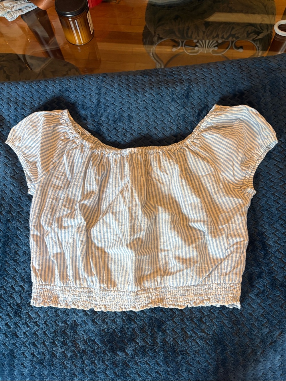 Hollister Blue and White Striped Off-Shoulder Crop Top